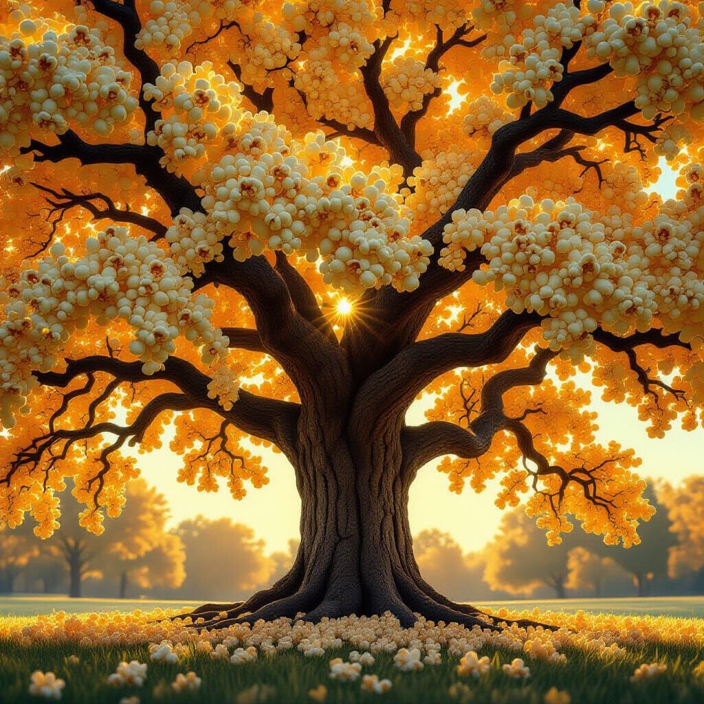 Surreal Popcorn Tree in Hyper-Realistic Digital Painting