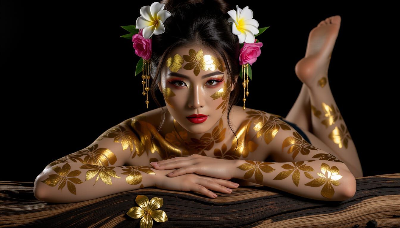 Woman with Gold Floral Body Paint on Log