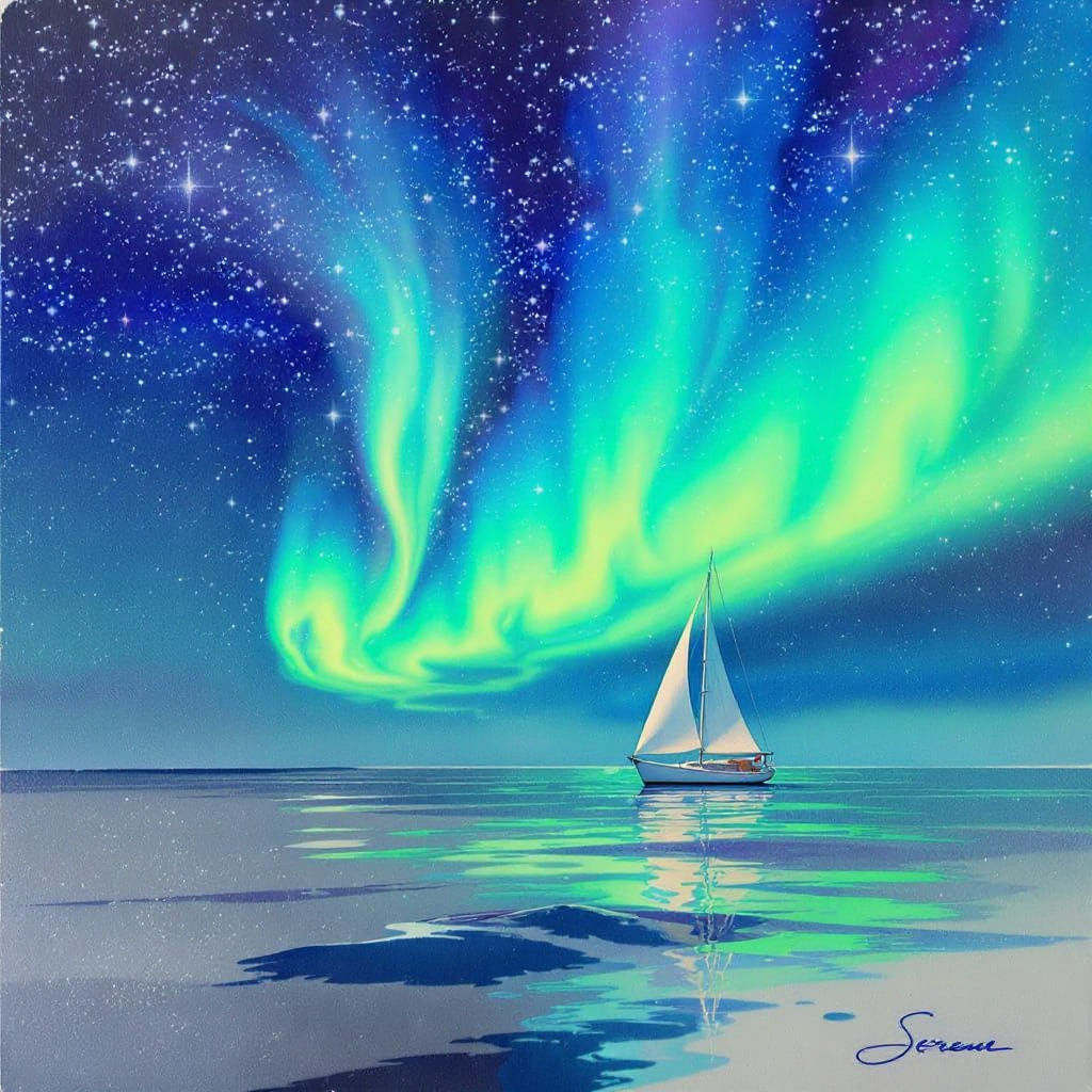 Yacht Sails Under Aurora in Watercolour Style