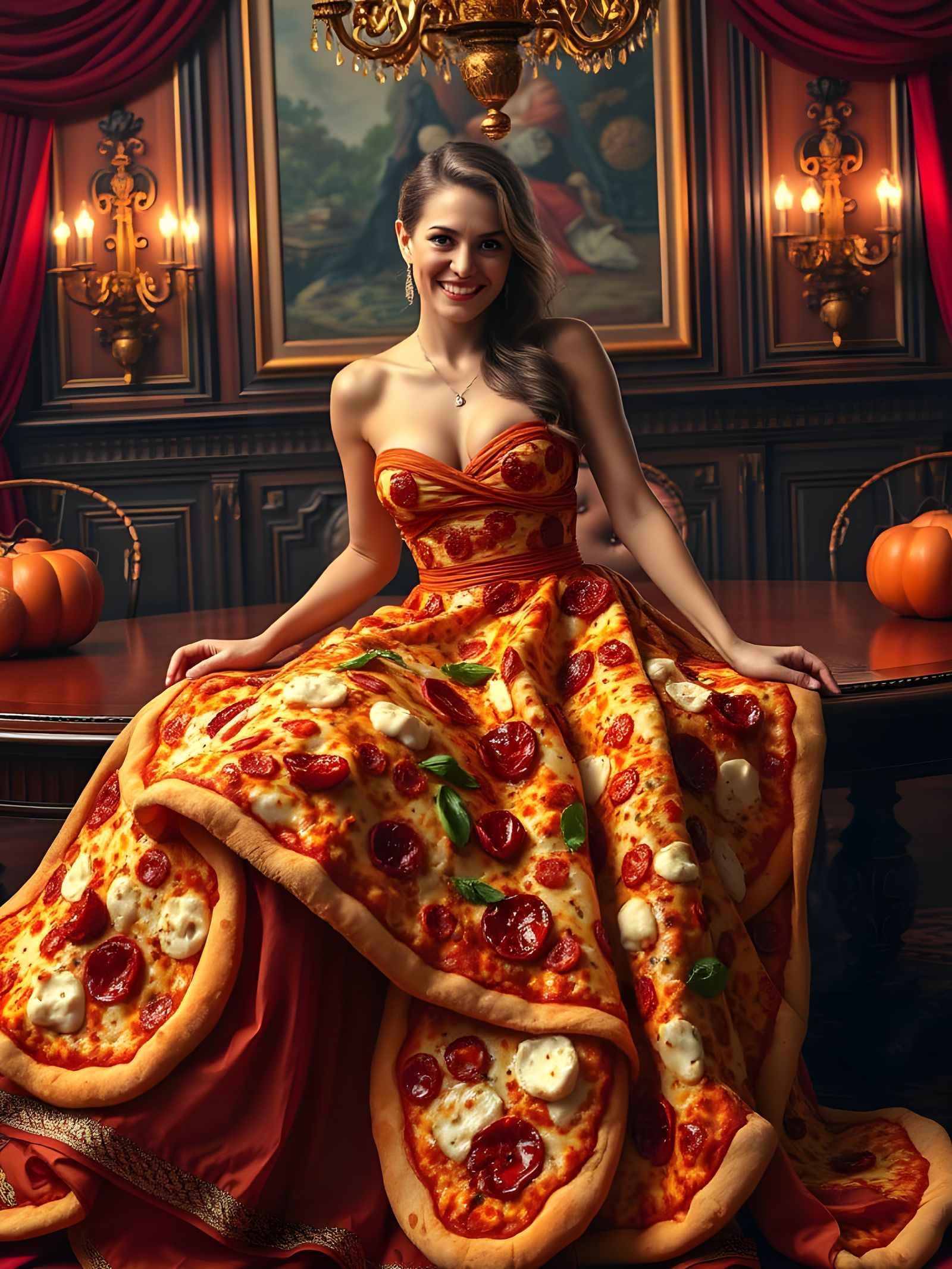 Epic Pizza Dress Portrait in Blade Runner Style