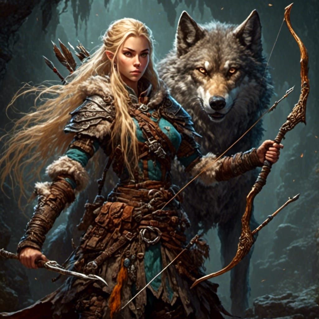 Druid Elf with Wolf Familiar in Fantasy Art Style