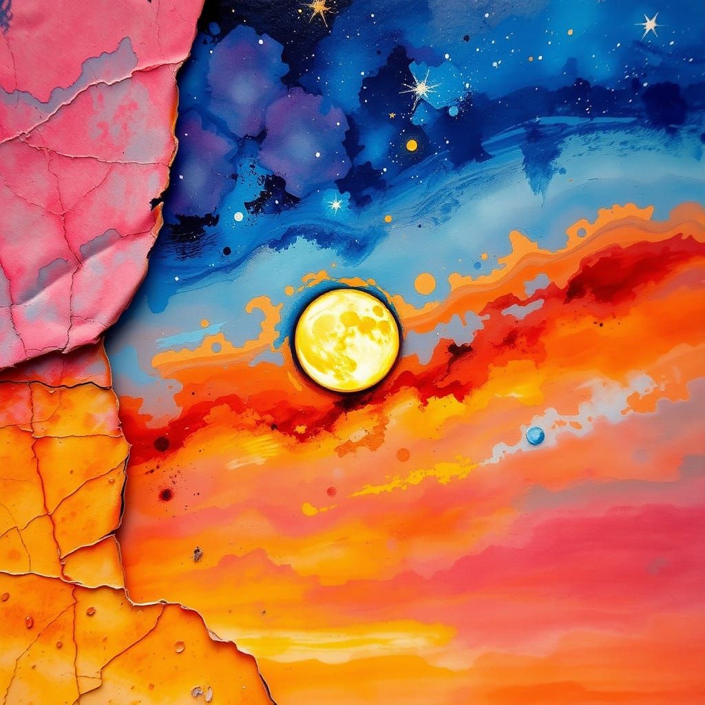 Vibrant Sunset with Celestial Bodies in Vintage Oil Painting...