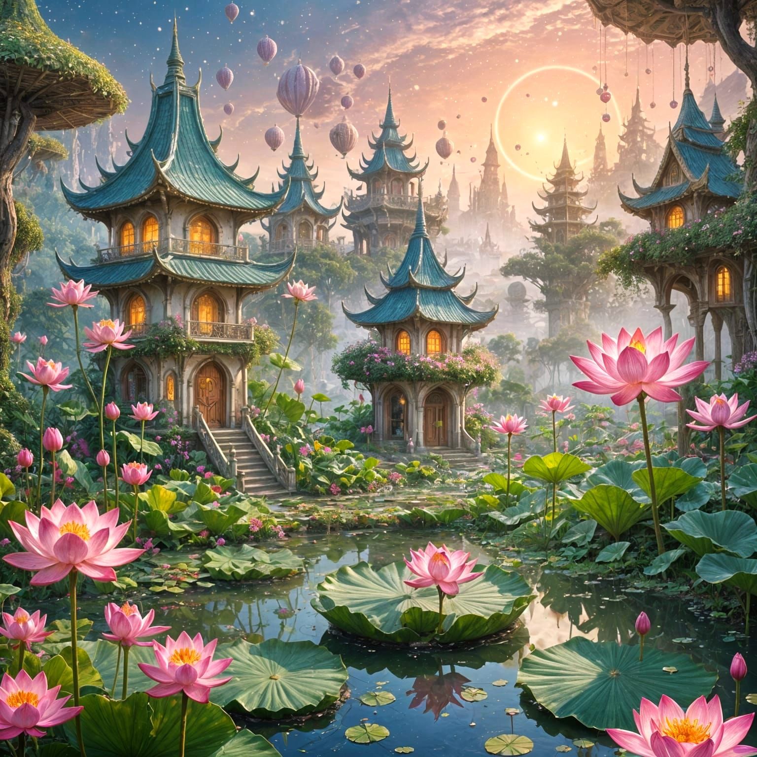 Glittering Quantum Pink Lotus Flowers in Whimsical Oriental ...