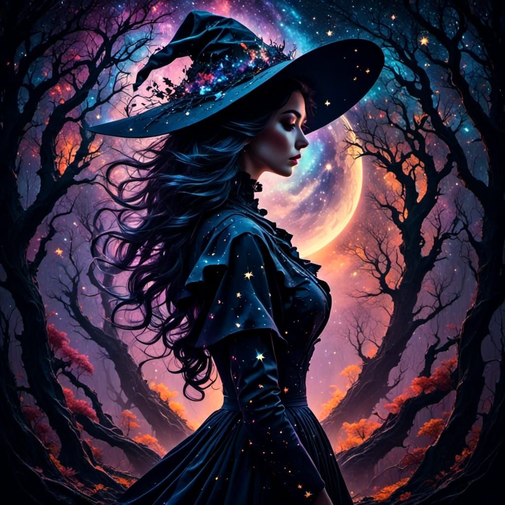 Ethereal Witch Silhouette in Vibrant Woodlands