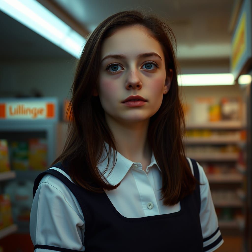 Contemplative Girl in Store, Gritty Realism Style