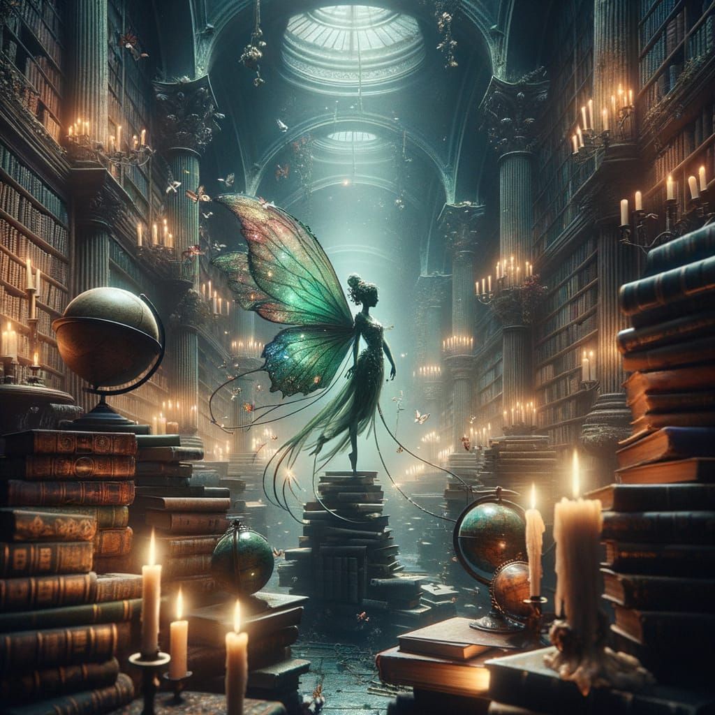 Green Fairy in Dark Academia Library