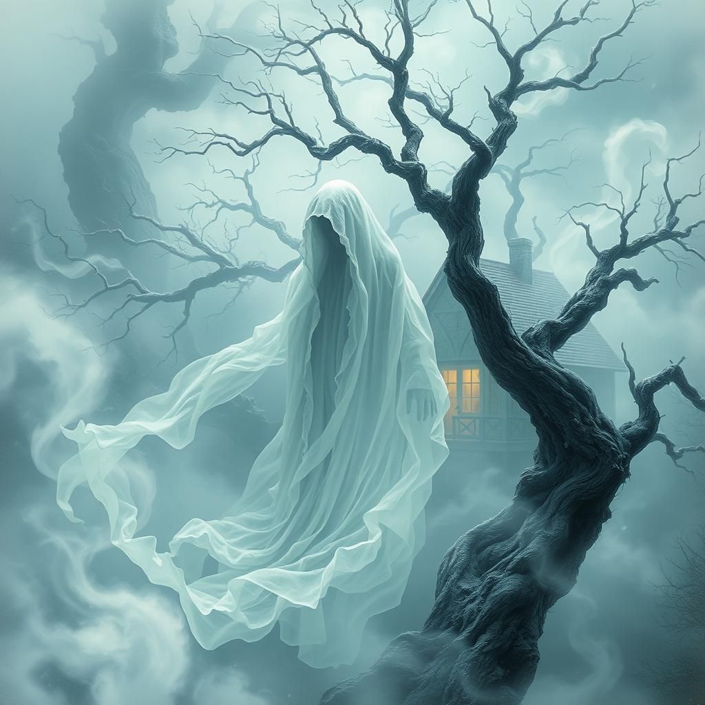 Ethereal Specter in Misty Forest, Dreamy Illustration