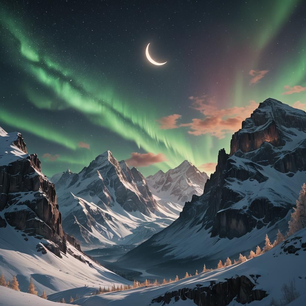 Aurora-Lit Mountains and Crescent Moon in Digital Art