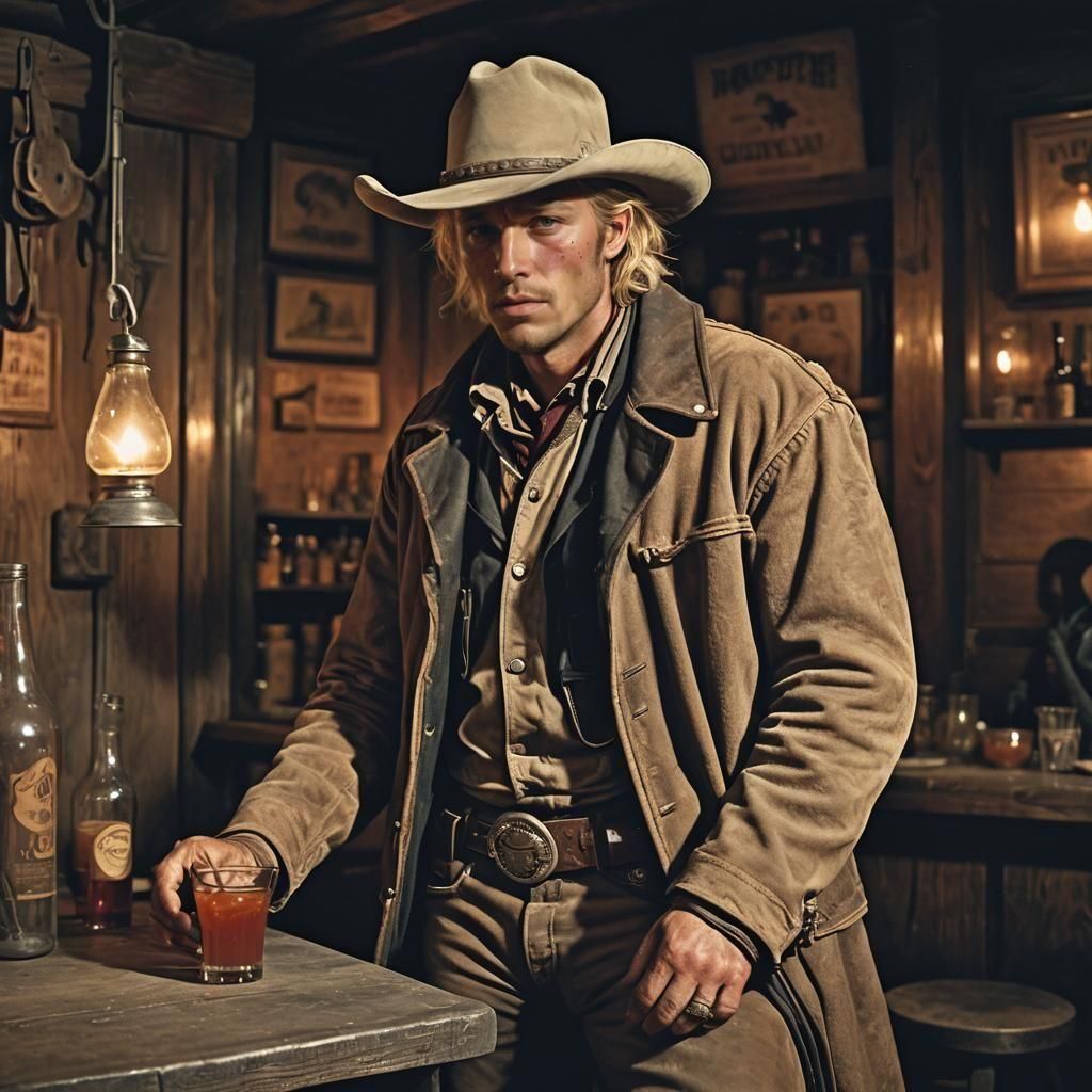 Young Cowboy in Old West Saloon with Shot Glass