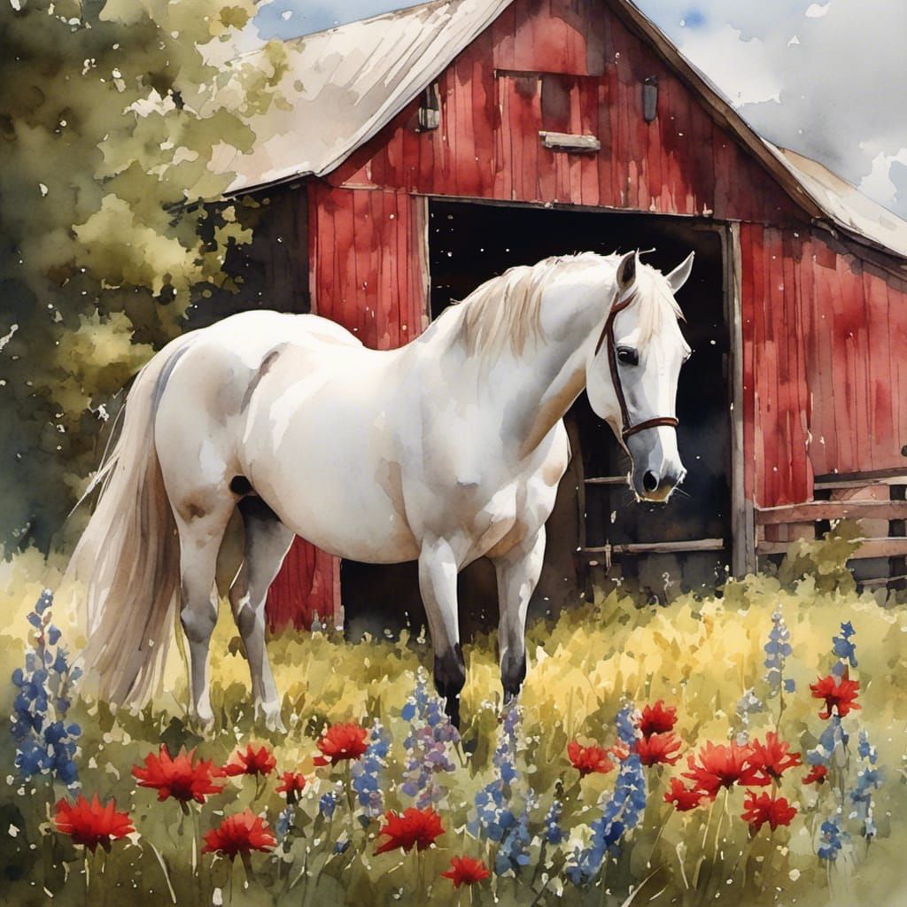Stunning Mare in Wildflowers: Antique Watercolor