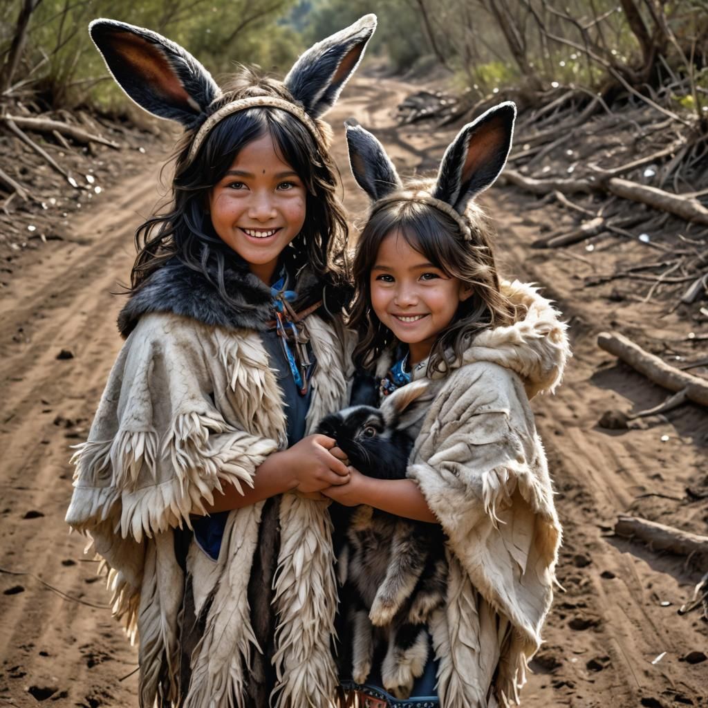 Boy with Rabbit Ears Carries Girl in Animal Furs
