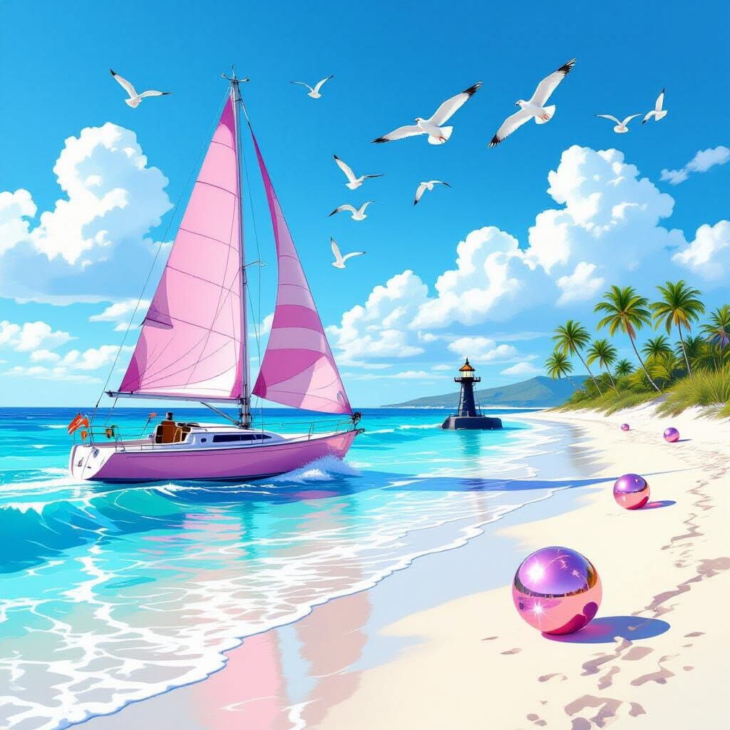 Pink Sailing Schooner on a Foamy Sea in Abstract Style