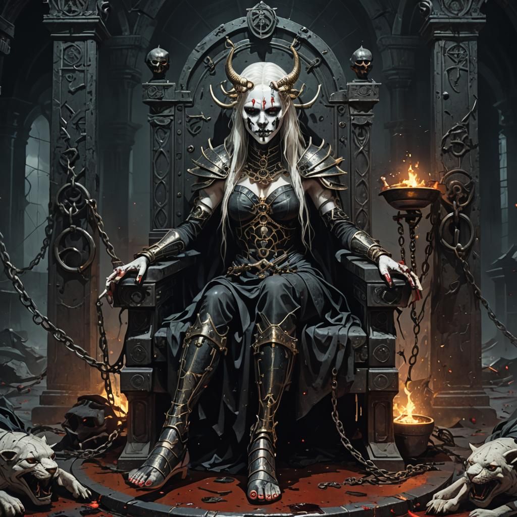 Sinister Libra Woman on Throne: Gothic Horror Art