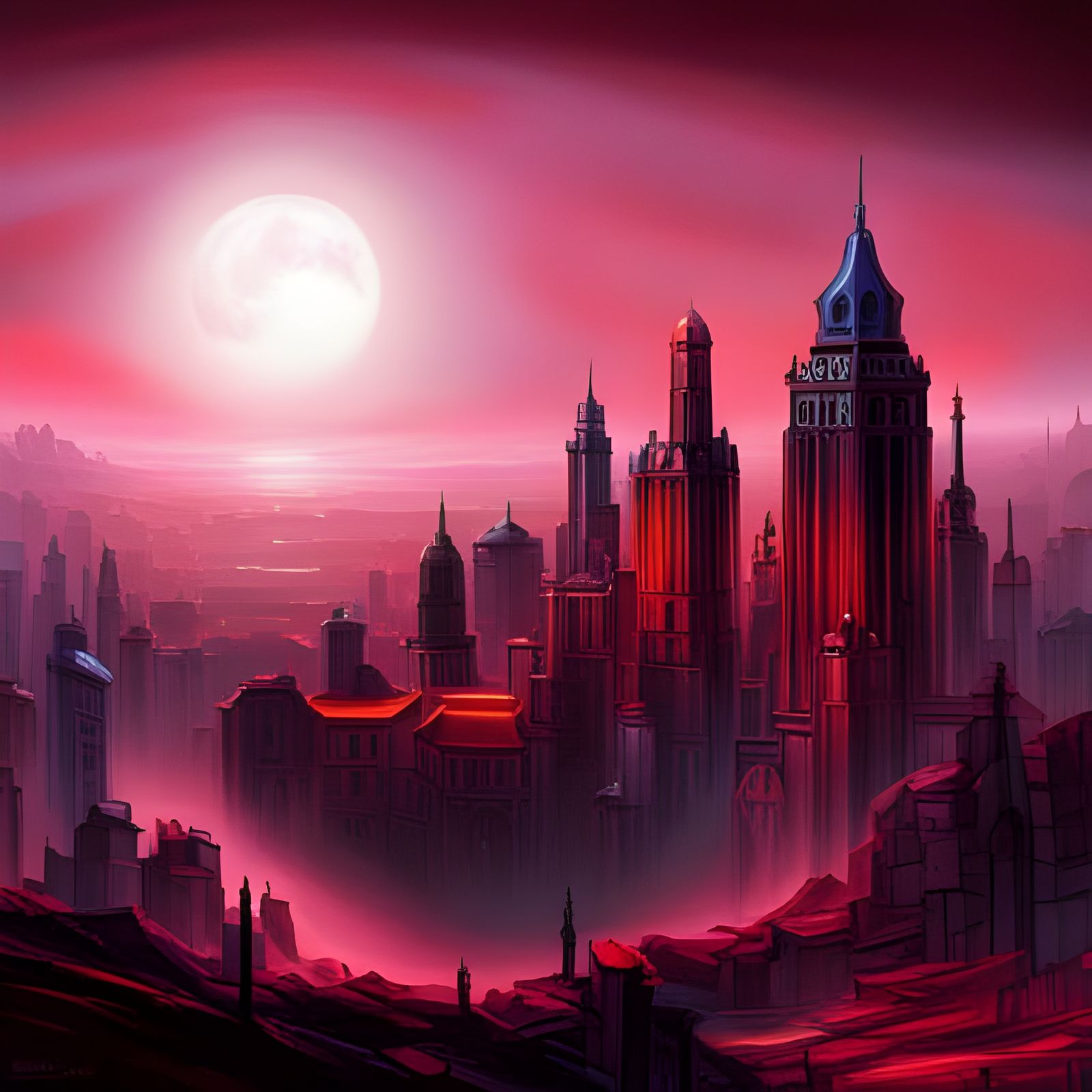 Baroque Gothic City Under a Red Sun