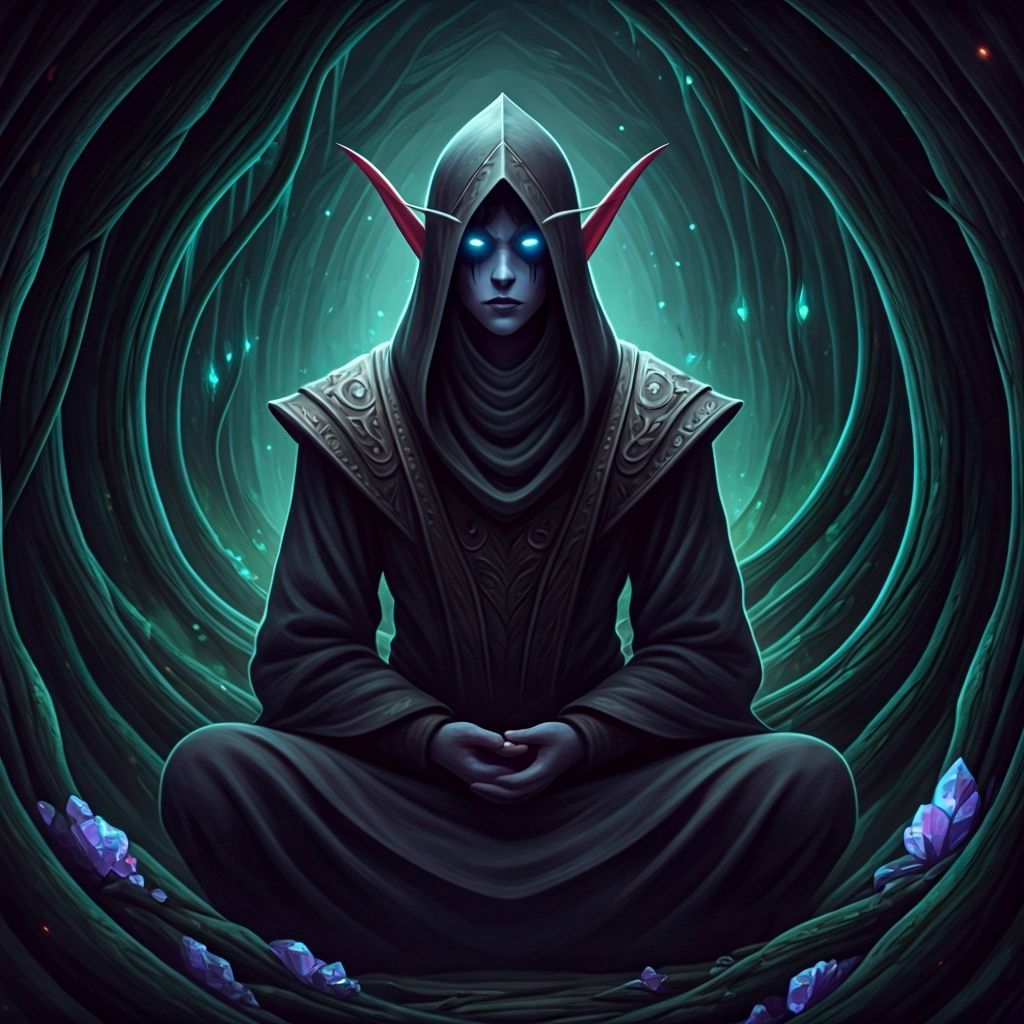 Femboy Nightborne Monk Meditating in Fae Cave