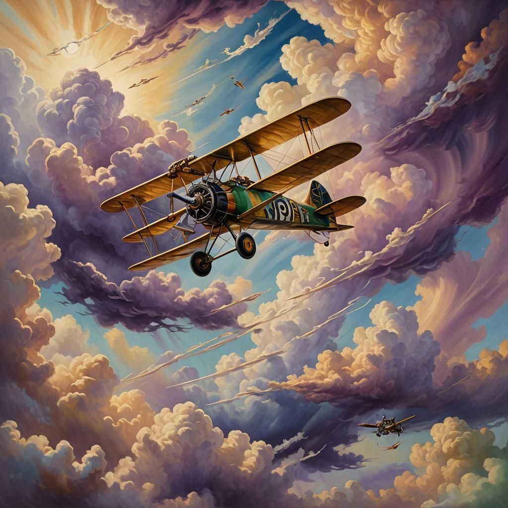 Biplane Flies Through Dreamlike Surrealist Cloudscape