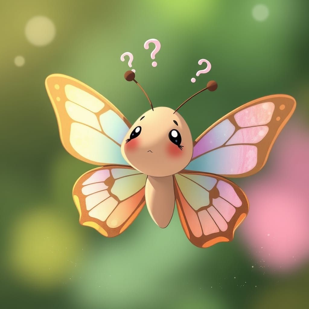 A confused butterfly, anime style, with tiny question marks orbiting its head, orbits shown as a lines