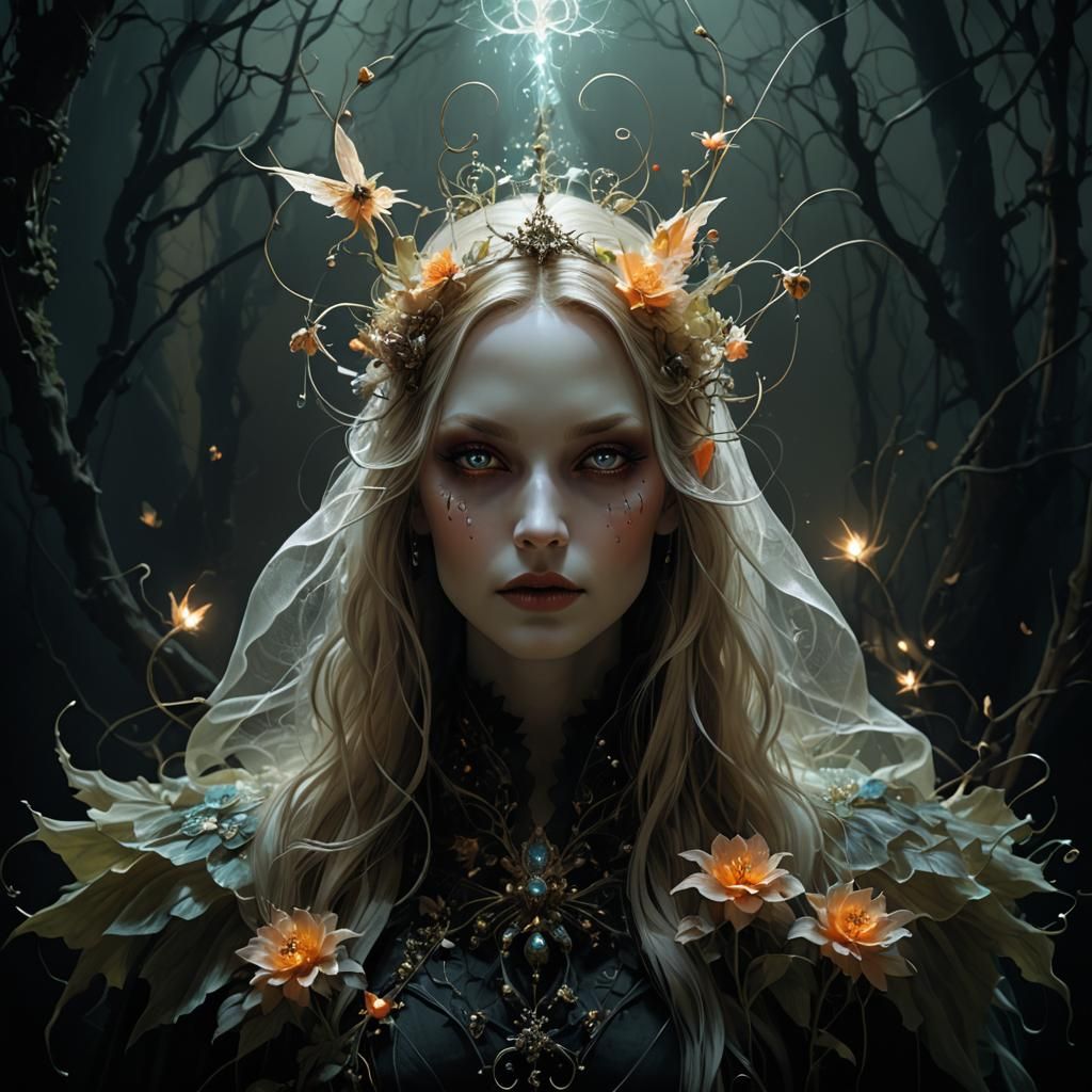 Bewitching Fairy with Flowers and Dramatic Lighting