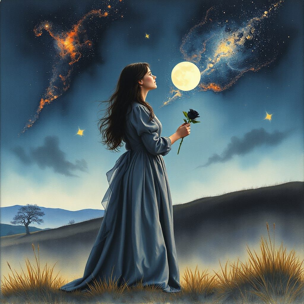 Victorian Lady Gazing at Nebulae in Watercolor