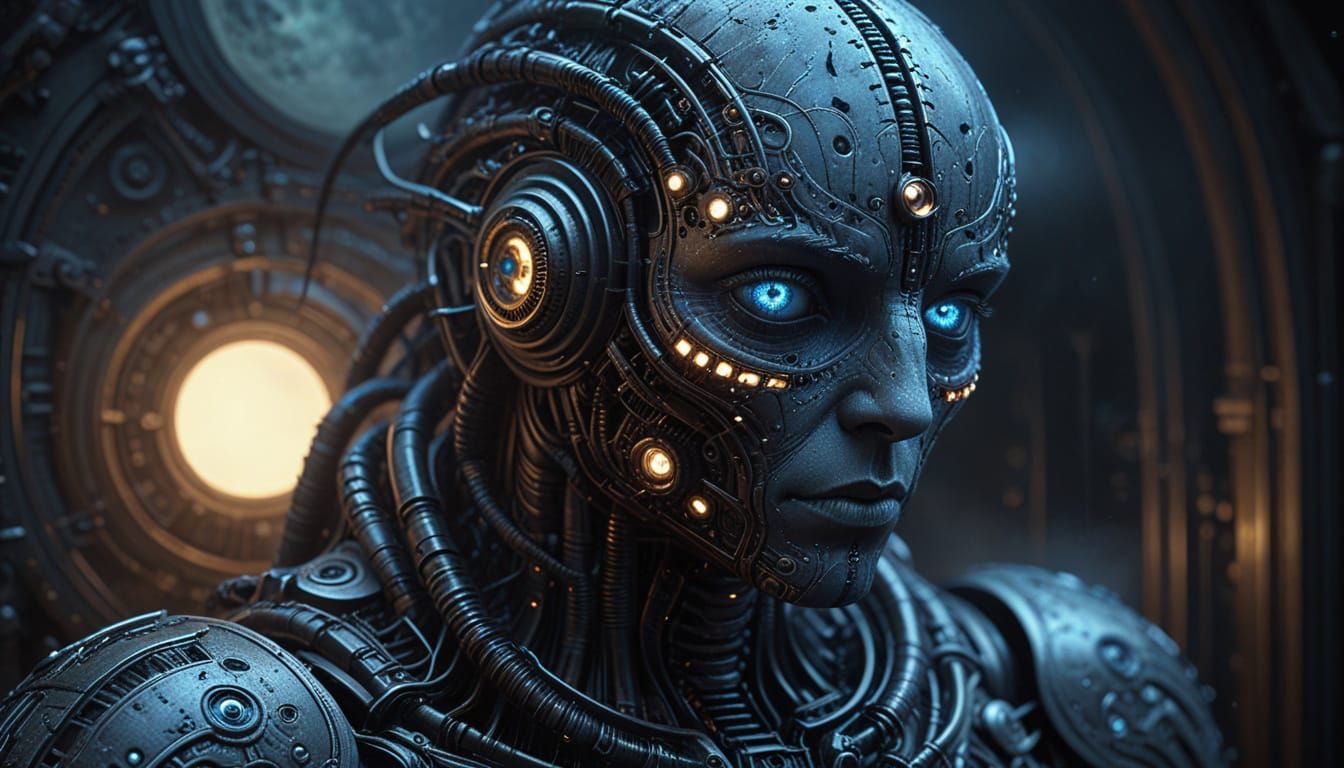 Surreal Portrait with Mechanical Details and Blue Eyes