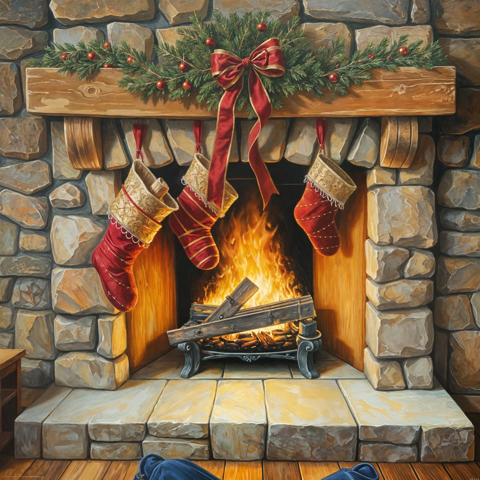 Cozy Christmas Fireplace in Oil Painting Style