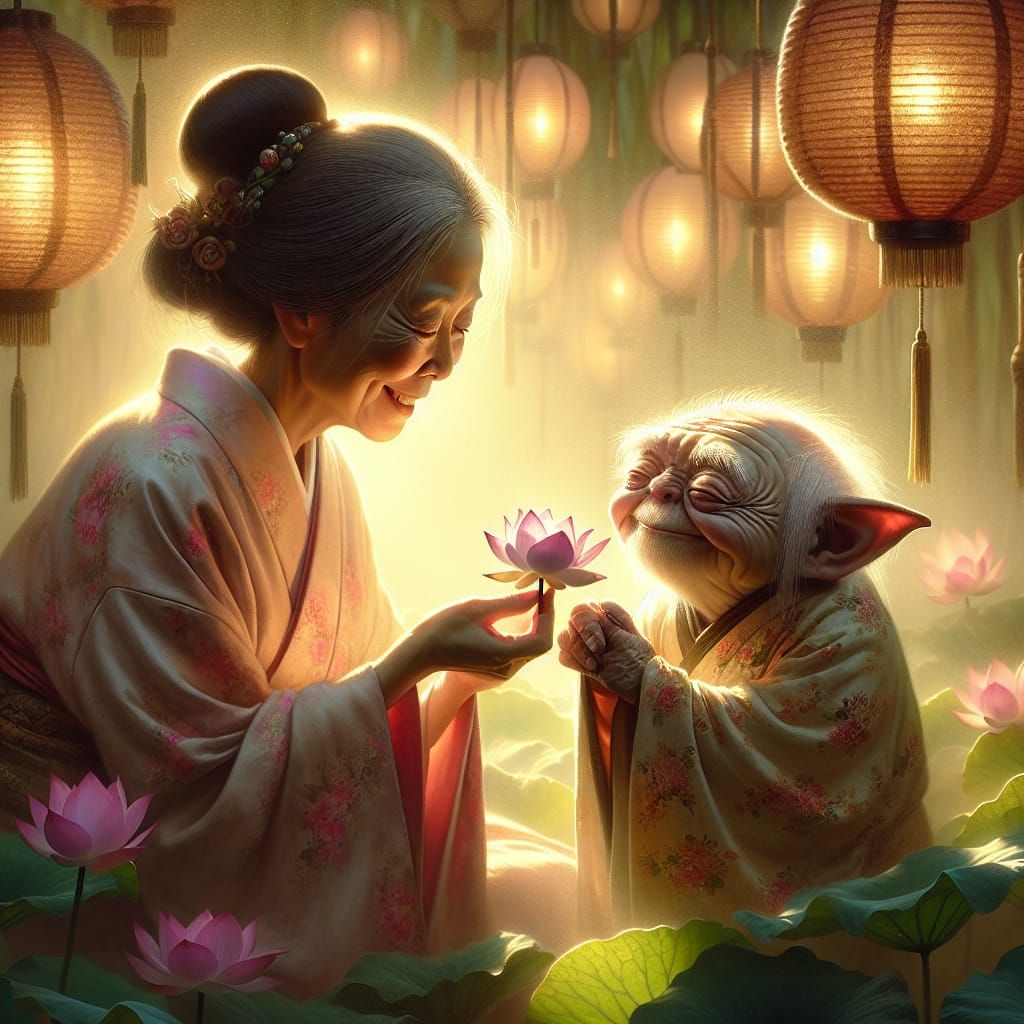 Asian Lady and Gremlin Monk in Tranquil Scene