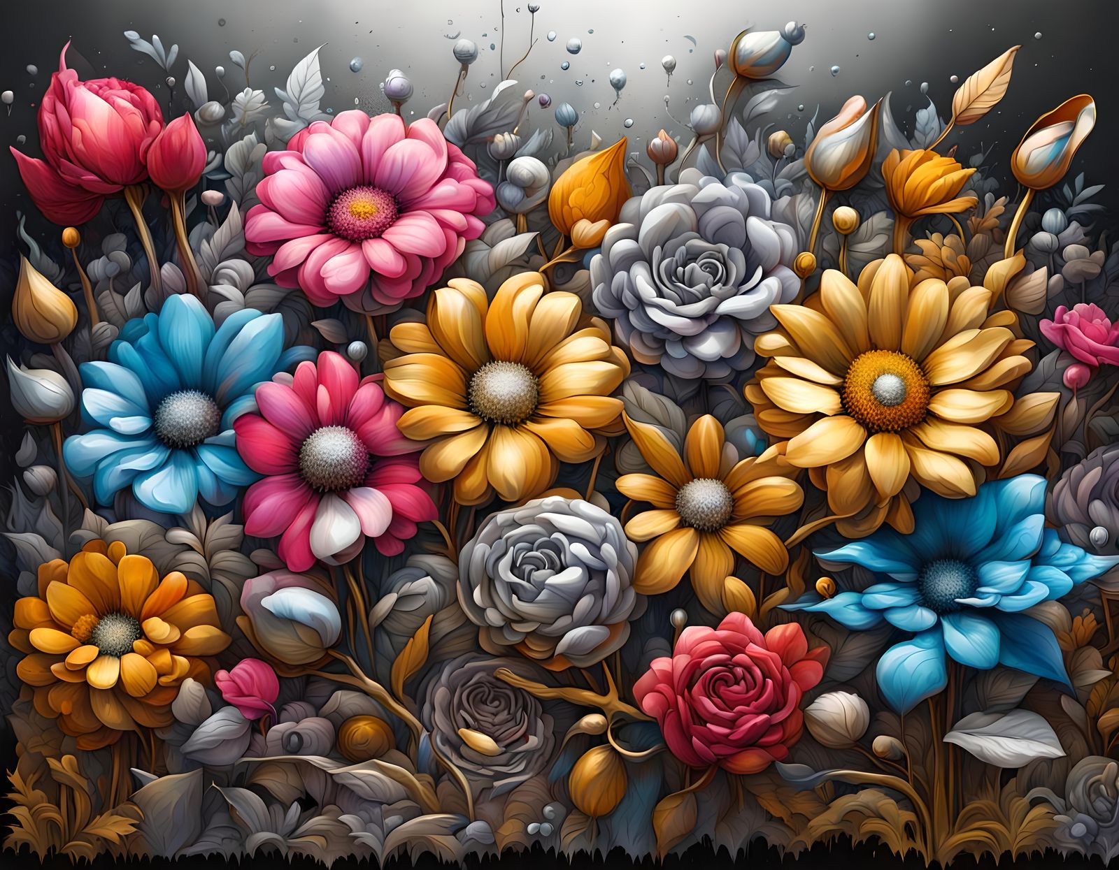 Metallic Flower Garden in Graffiti Art Style