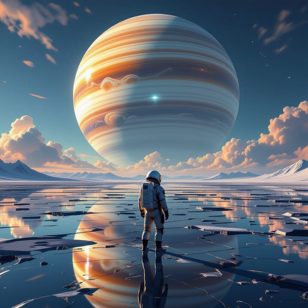 Astronaut on Mirrored Planet Gazing at Gas Giant