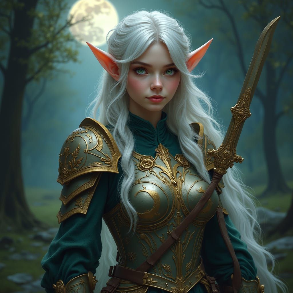 Ethereal Elf Warrior in Moonlit Forest