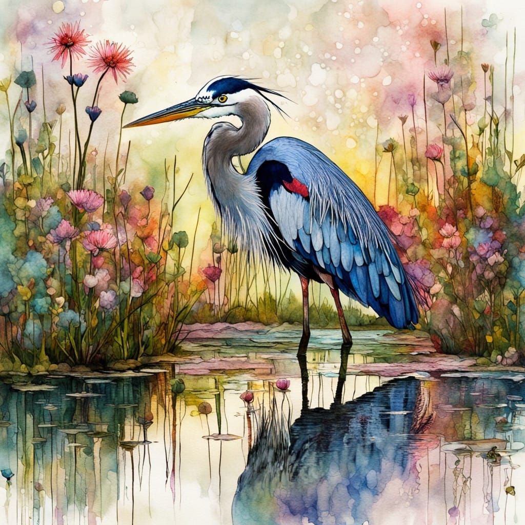 Majestic Great Blue Heron in Vibrant Salt Marsh Scene