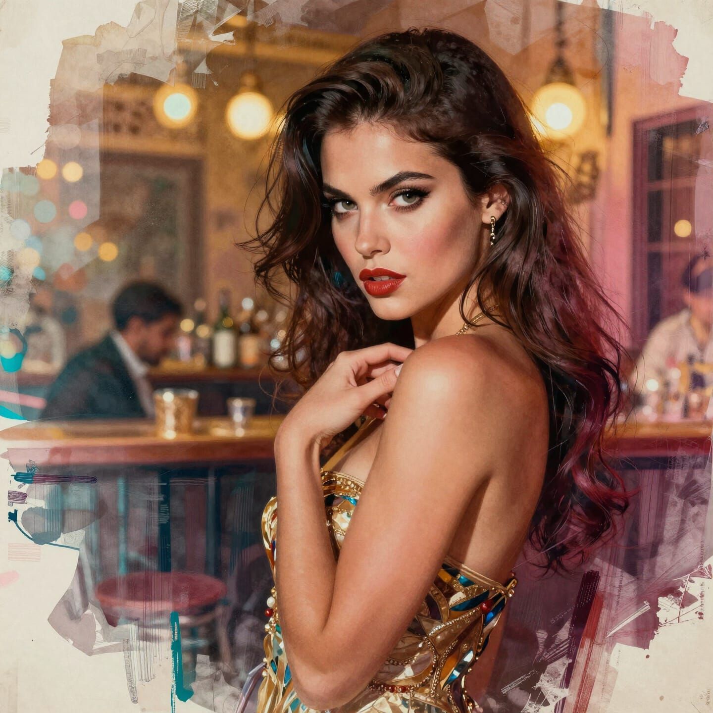 Voluptuous Woman in Cuban Club with Double Exposure