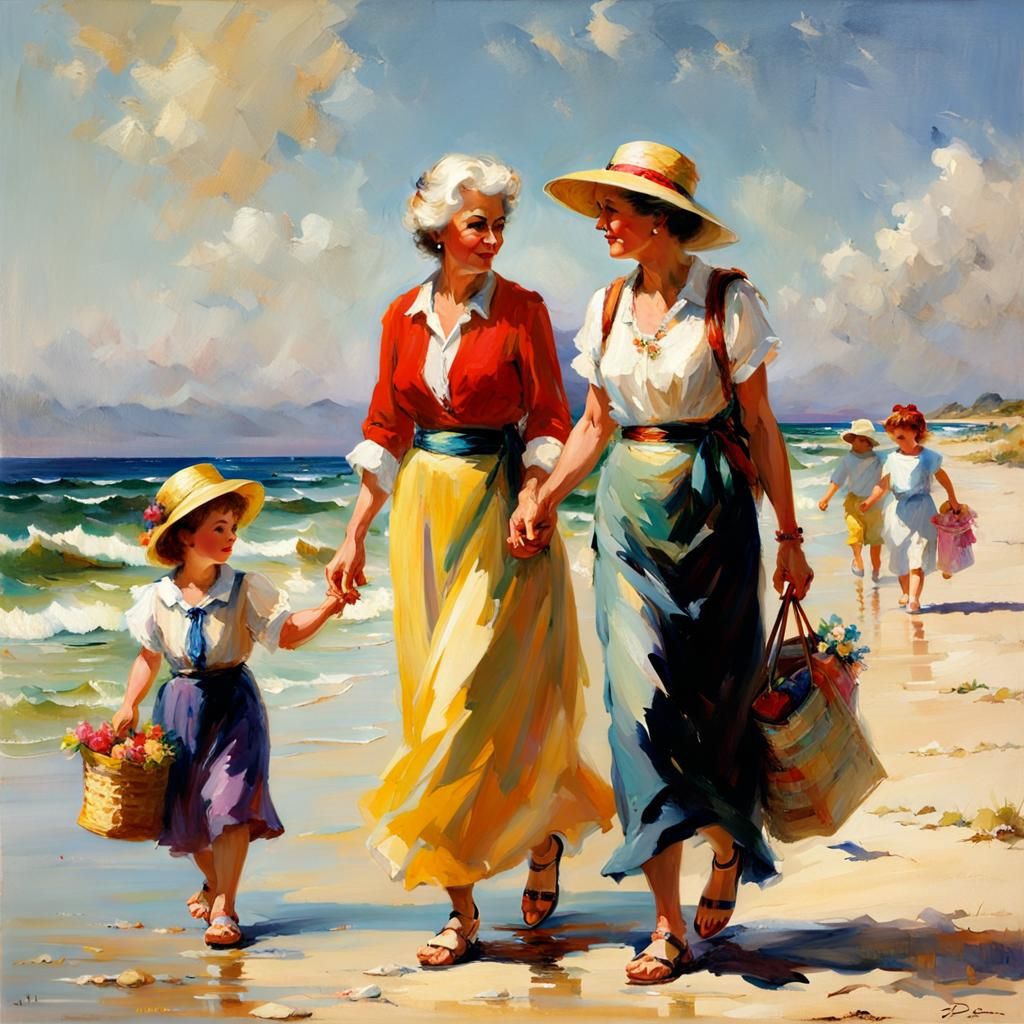 Three Generations Stroll on Sunny Beach, Impressionistic Sty...