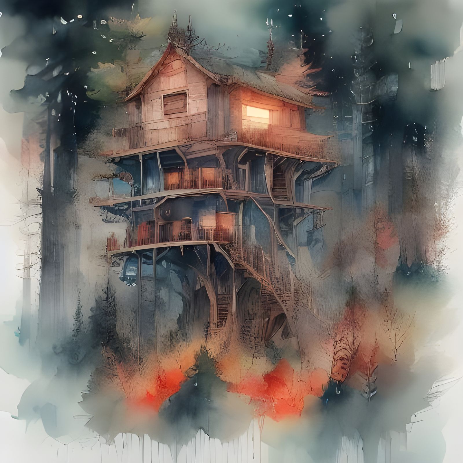 Watercolor Treehouse in Woods at Night