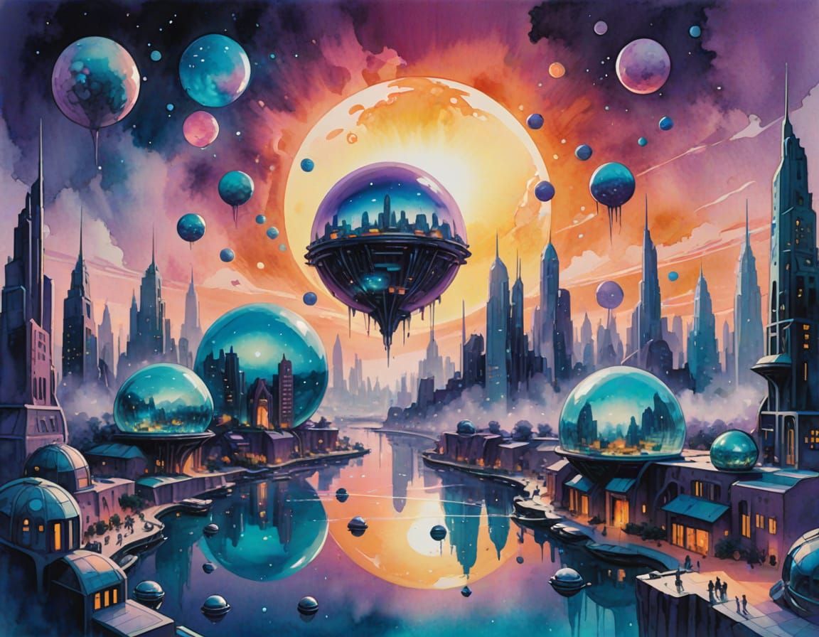 Futuristic Alien City of Spheres Watercolor Painting