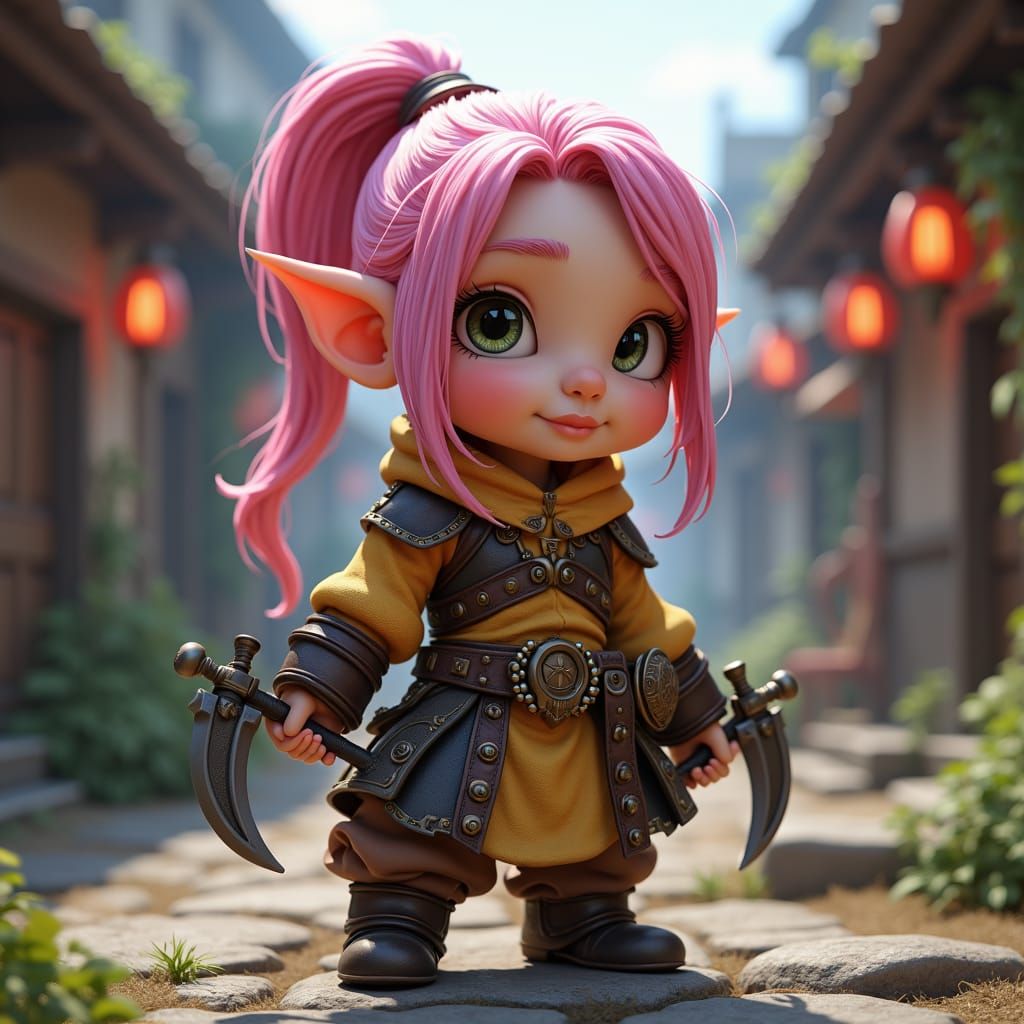 Adorable Pink-Haired Gnome Rogue in Fantasy Village