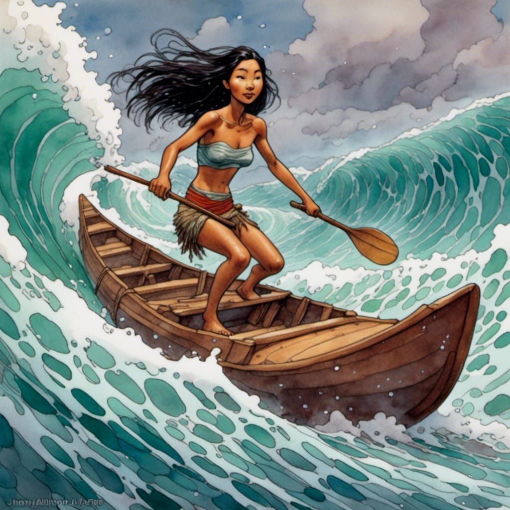 Woman Rides Wave in Disney Style