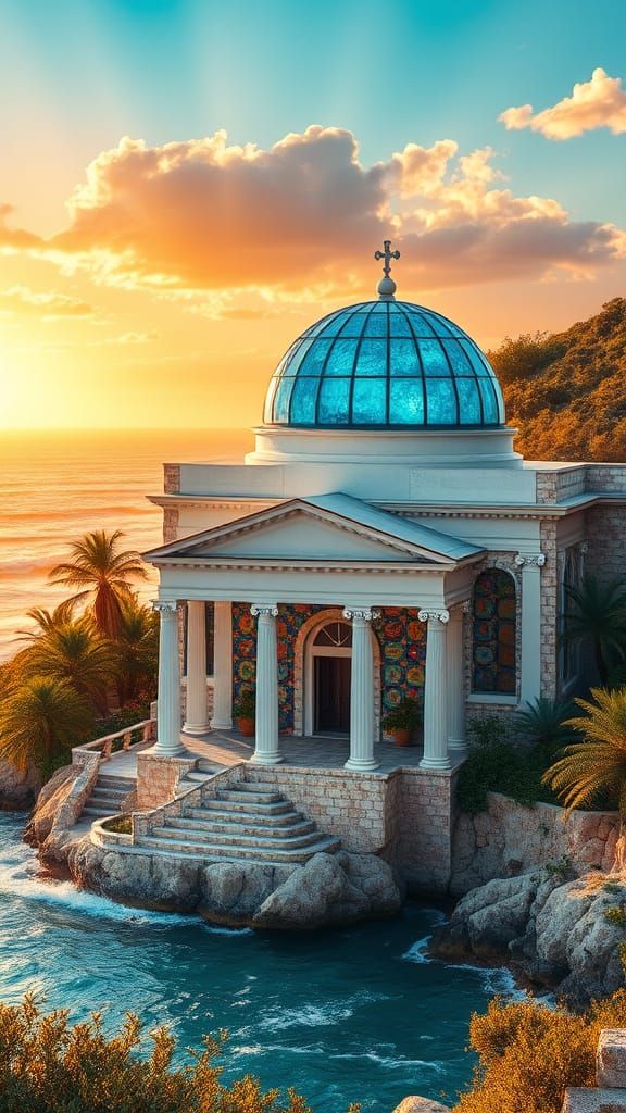 Greek Revival Mansion with Kaleidoscopic Mosaics and Ocean V...