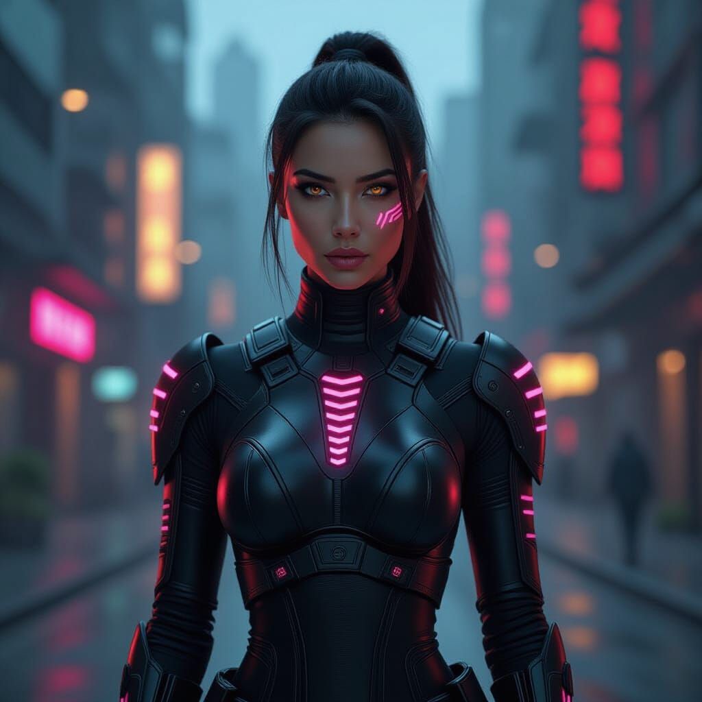 Cyberpunk Woman with Cybernetic Armor in Cityscape