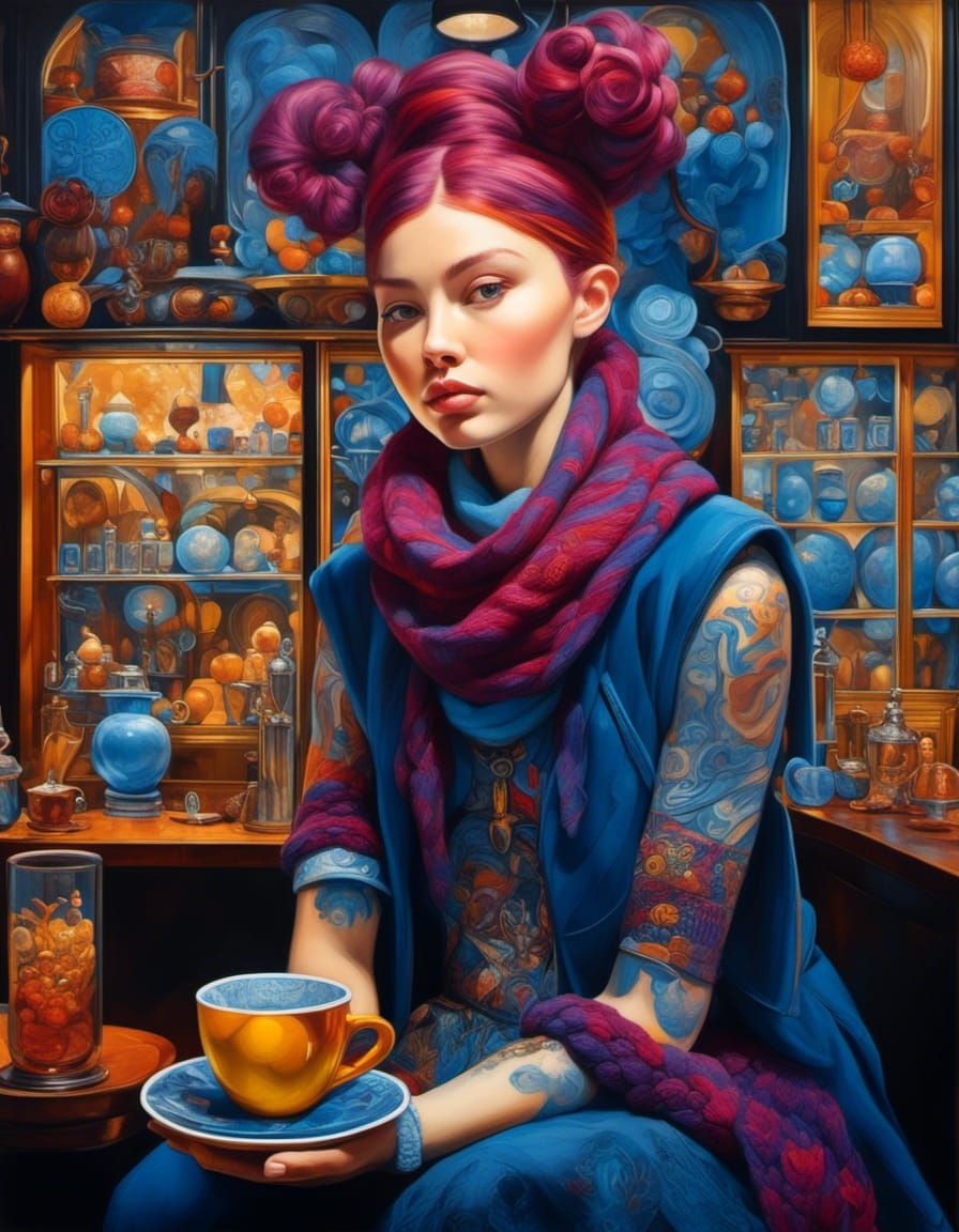 Punk Girl in Cafe: Surreal Ink Tattoo Sketch