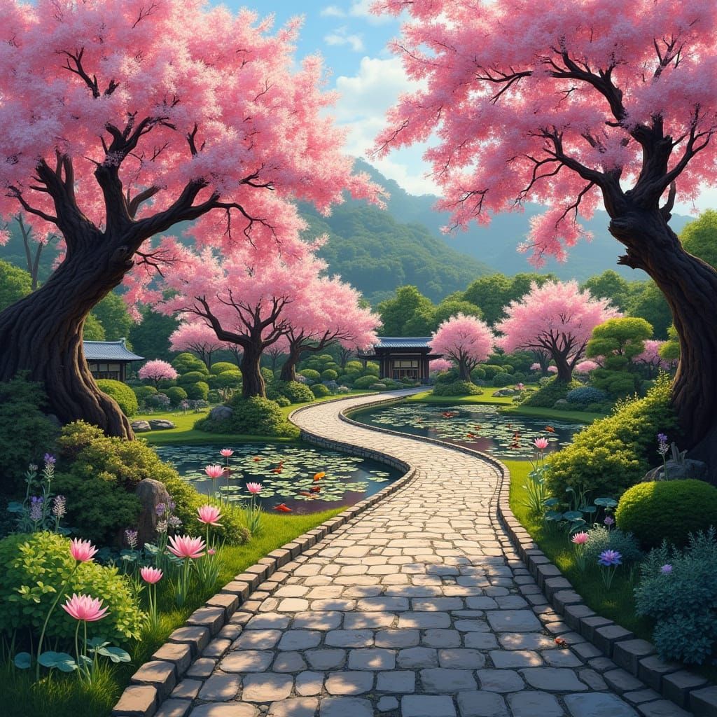 cobblestone pathway runs through this beautiful Japanese garden with cherry blossoms, lotus and koi