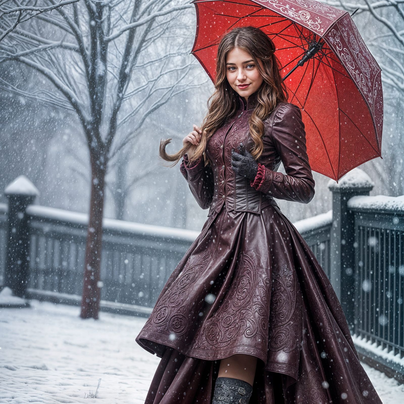 Victorian Woman in Snowfall with Burgundy Dress