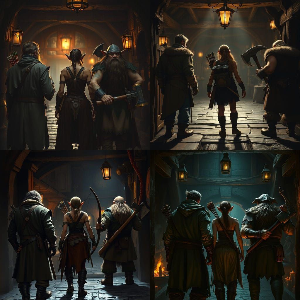 Three Adventurers Enter a Medieval Tavern in a Dark, Cinemat...