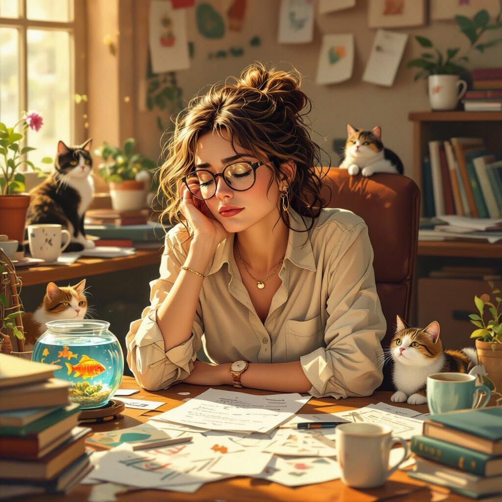 Humorous Cartoon of Woman Sleeping at Cat-Filled Desk