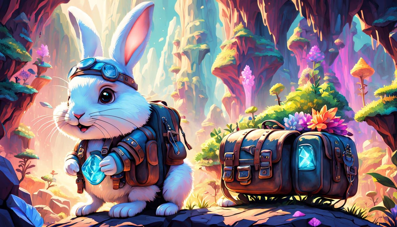Pixar Style Rabbit Adventurer Explores Crystal Caves with El...