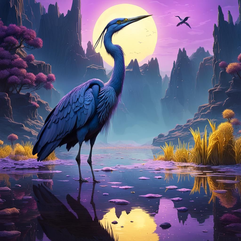 Mystical Heron in Ancient Lake: Dark Fantasy Art