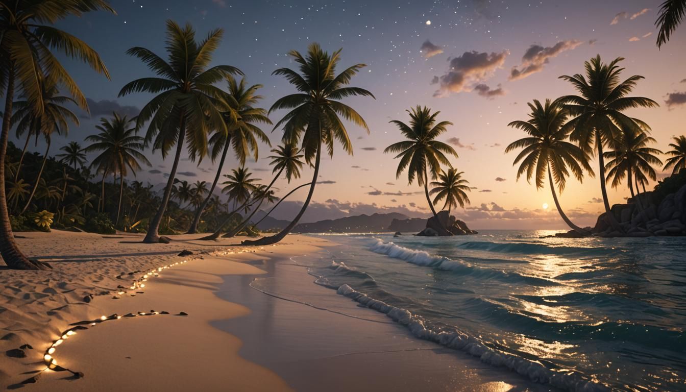 Tropical Beach with Glowing Palm Trees at Dusk