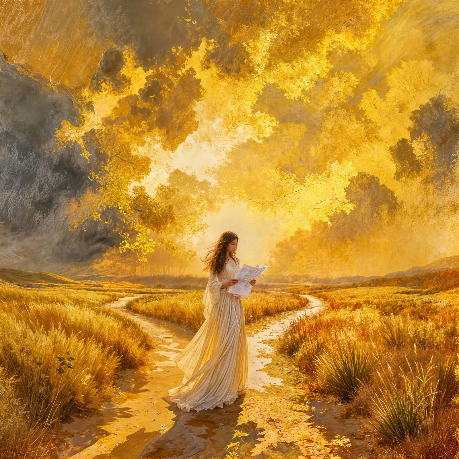 Mysterious Women in Golden Autumn Landscape Holding Transcri...