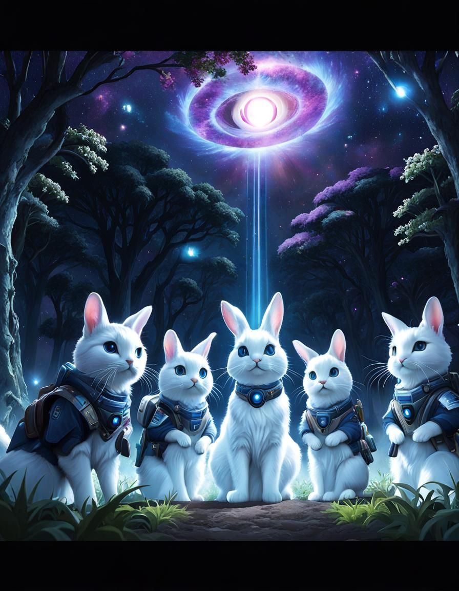Mystical White Galaxy Cat and Bunny Army
