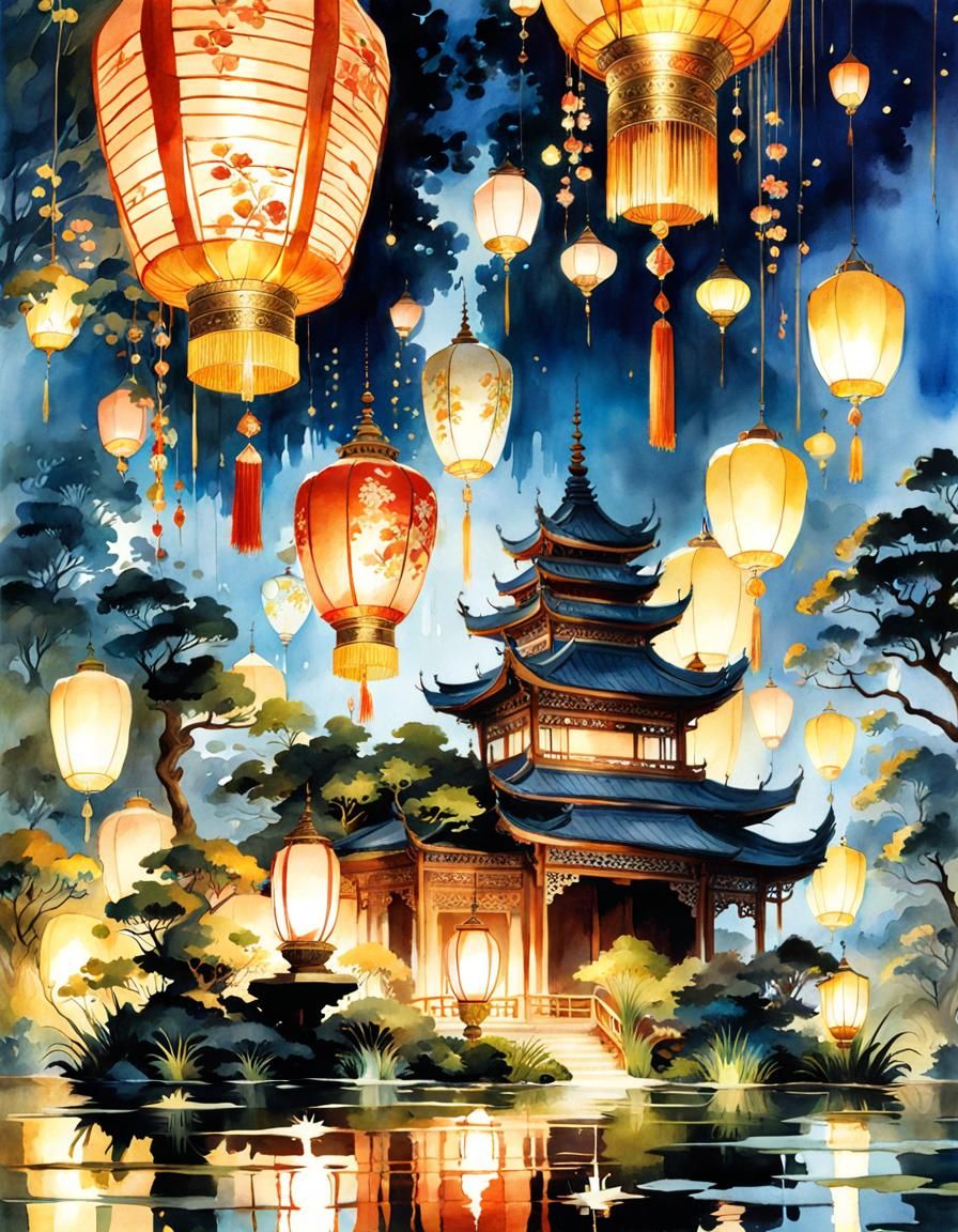 Fantasy Pond at Night: Watercolor Lantern Festival