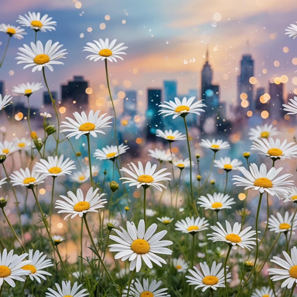 Abstract Daisies over Cityscape in Watercolor Sky